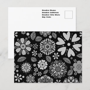 Black And Grey Retro Floral Art Seamless Pattern Postcard