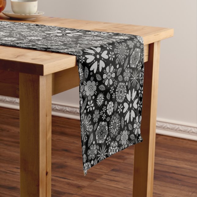 Black And Grey Retro Floral Art Seamless Pattern Short Table Runner (In Situ)