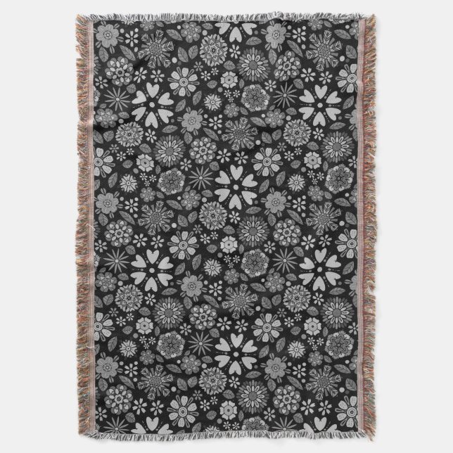 Black And Grey Retro Floral Art Seamless Pattern Throw Blanket (Front Vertical)