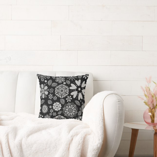 Black And Grey Retro Floral Art Seamless Pattern Throw Pillow (Couch)