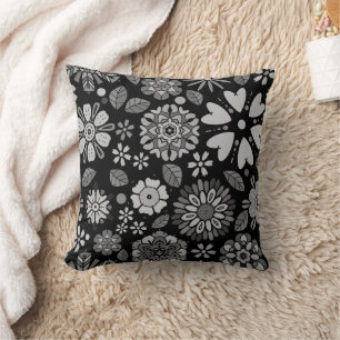 Black And Grey Retro Floral Art Seamless Pattern Throw Pillow