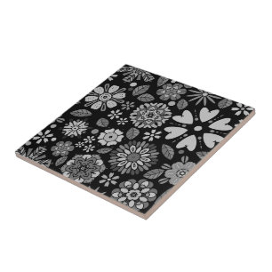 Black And Grey Retro Floral Art Seamless Pattern Tile