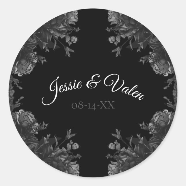 Black and Grey Roses Gothic Wedding Classic Round Sticker (Front)