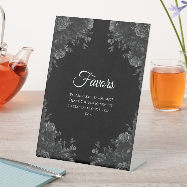 Black and Grey Roses Gothic Wedding Favours Sign (In SItu)