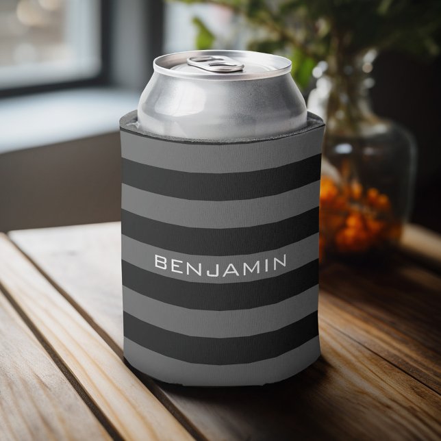 Black and Grey Rugby Stripes with Custom Name Can Cooler (Personalized Can Cooler - Add Custom Text or Name)