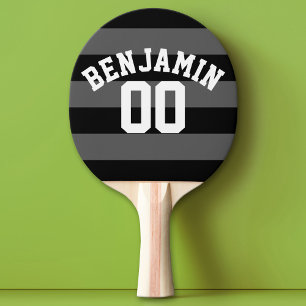 Black and Grey Silver Rugby Stripes Name Number Ping Pong Paddle