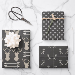 Black and grey stag heads and antlers wrapping paper sheet