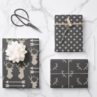 Black and grey stag heads and antlers wrapping paper sheet