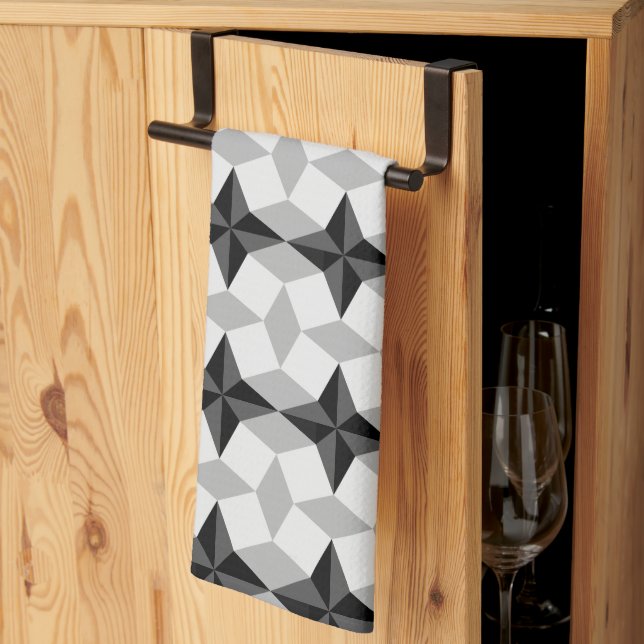 Black and Grey Starbust and Rhombus Pattern Kitchen Towel (Thirds Fold)