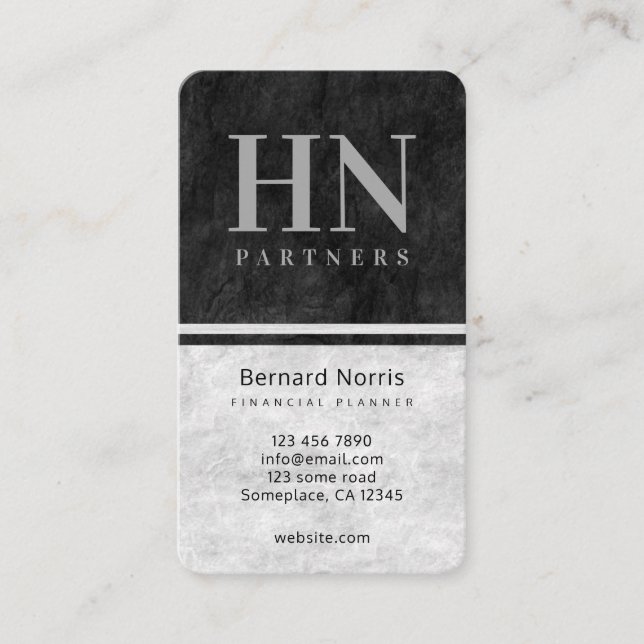 Black and Grey Stone Texture Monogram Accountant Business Card (Front)