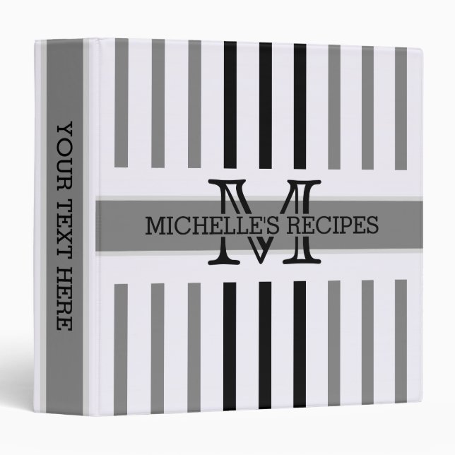 Black and Grey Stripes Modern Monogram Binder (Front/Spine)