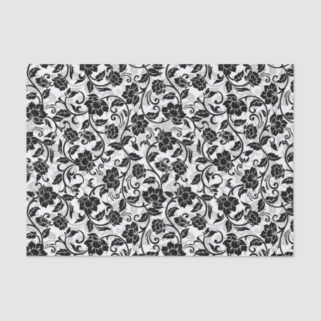 Black and Grey Swirling Flowers Tissue Paper (Front)