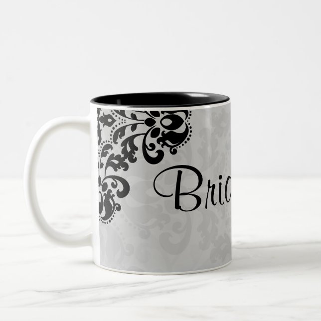 Black and grey victorian damask bridesmaid wedding Two-Tone coffee mug (Left)
