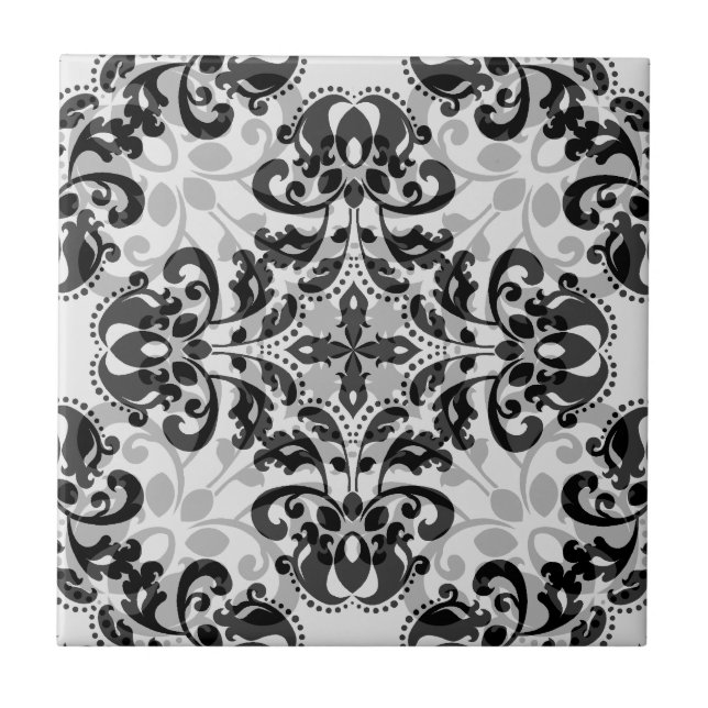 Black and grey victorian damask decor tile (Front)