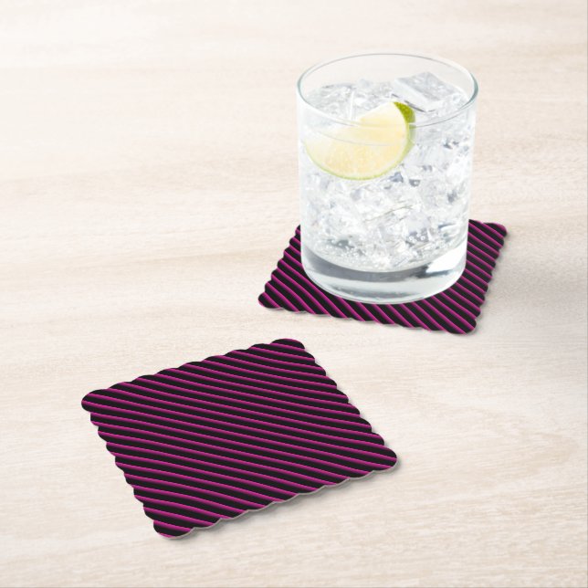 Black and Hot Pink Blended Diagonal Stripes Paper Coaster (Insitu)