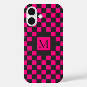 Black and Hot Pink Chequerboard Pattern Monogram iPhone 16 Case