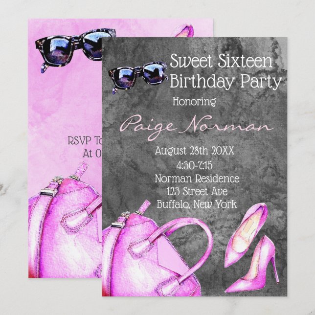 Black and Hot Pink Fashion Sweet 16 Birthday Party Invitation (Front/Back)