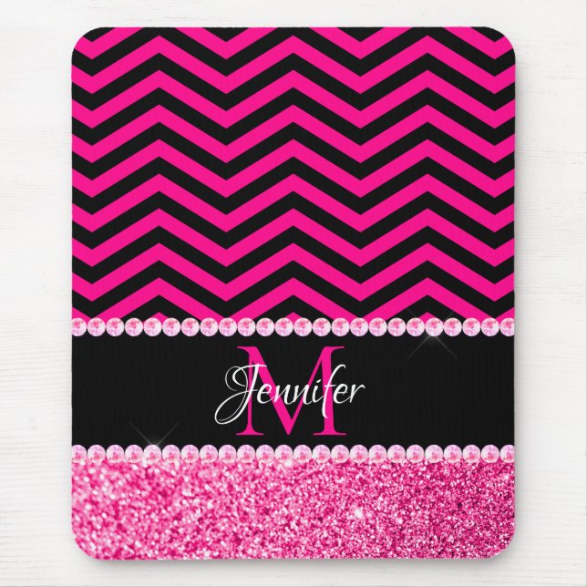 Black and Hot Pink Glitter Chevron Monogram Mouse Pad (Front)