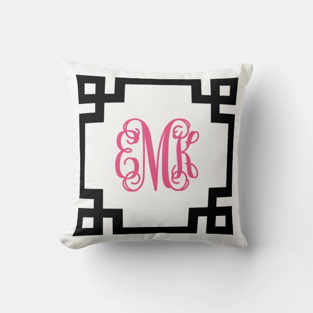 Black and Hot Pink Greek Key Script Monogram Throw Pillow (Front)
