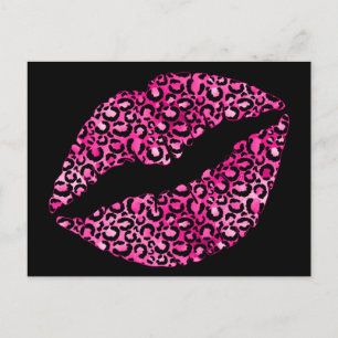 Black and Hot Pink Leopard Spot Lipstick Kiss Postcard