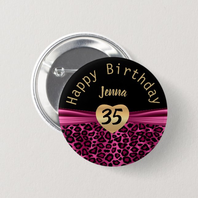 Black and Hot Pink Leopard Spots Birthday Design 2 Inch Round Button (Front & Back)