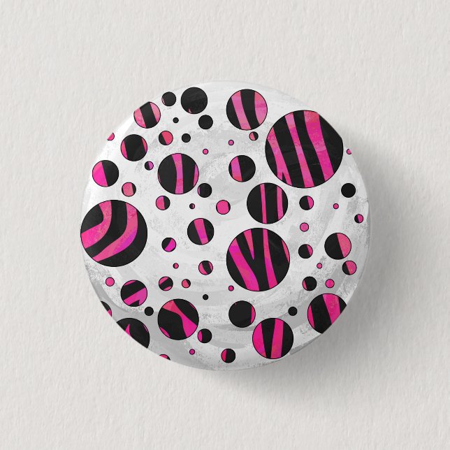Black and Hot Pink Piloka Dot Zebra 1 Inch Round Button (Front)