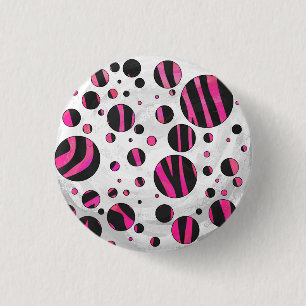 Black and Hot Pink Piloka Dot Zebra 1 Inch Round Button