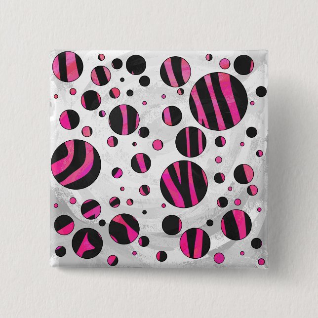 Black and Hot Pink Piloka Dot Zebra 2 Inch Square Button (Front)