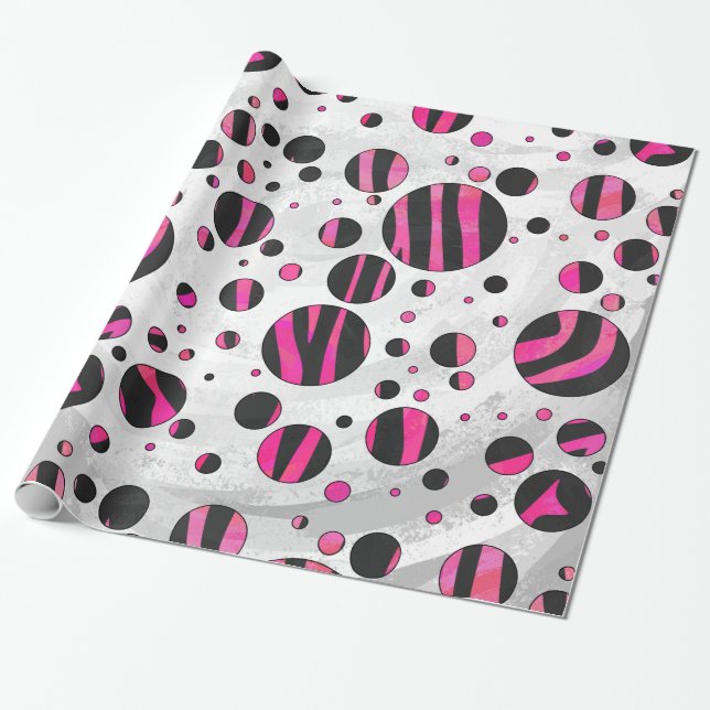 Black and Hot Pink Piloka Dot Zebra Wrapping Paper (Unrolled)