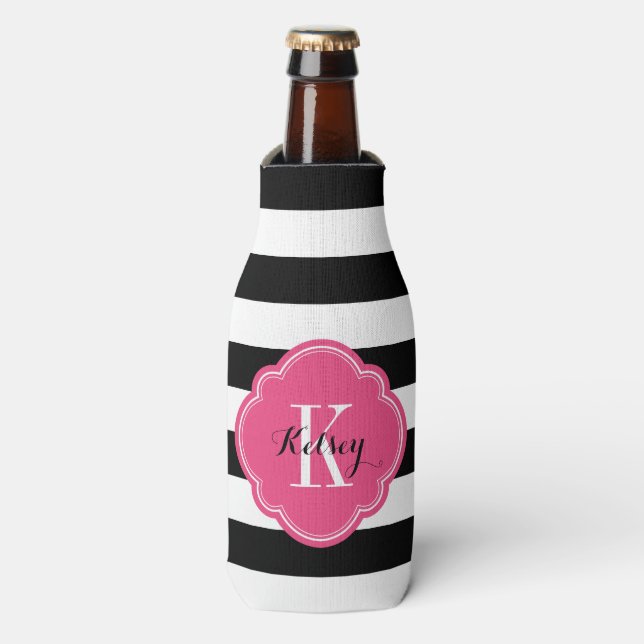 Black and Hot Pink Preppy Stripes Monogram Bottle Cooler (Bottle Front)