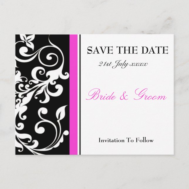 Black And Hot Pink Save The Date Announcement Postcard (Front)