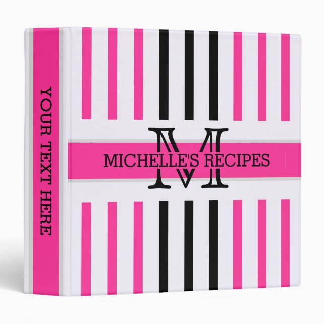 Black and Hot Pink Stripes Modern Monogram Binder (Front/Spine)