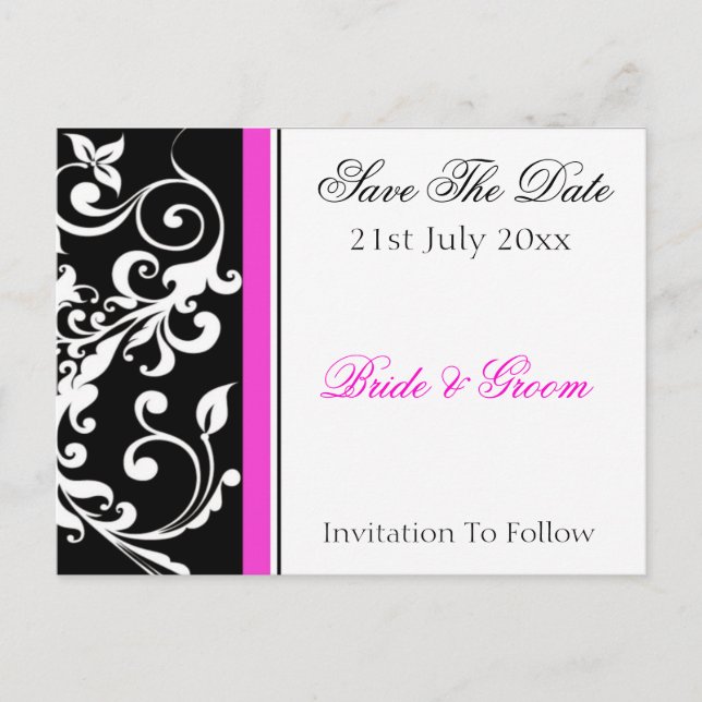 Black and Hot Pink Swirl Wedding Save The Date Announcement Postcard (Front)