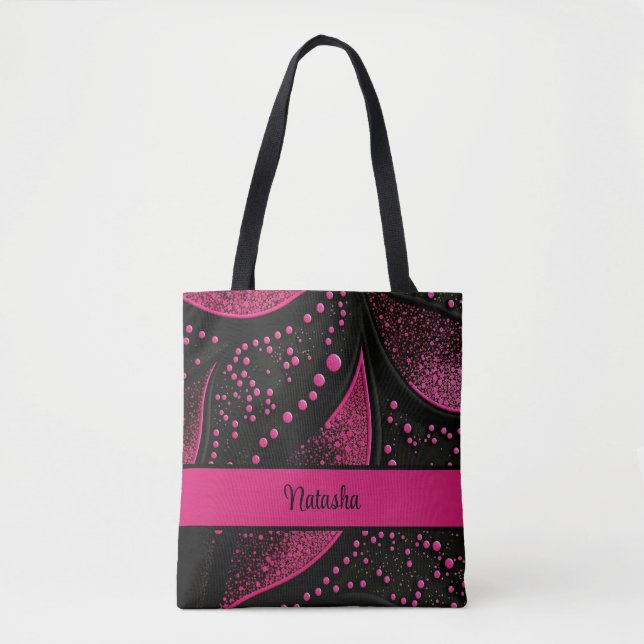 Black and Hot Pink Tote Bag with Customizable Name (Front)