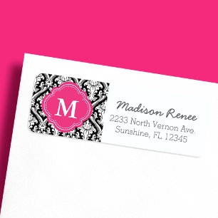 Black and Hot Pink Trendy Damask Custom Monogram