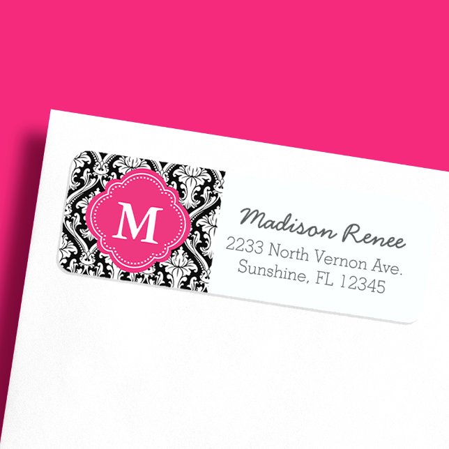Black and Hot Pink Trendy Damask Custom Monogram (Creator Uploaded)