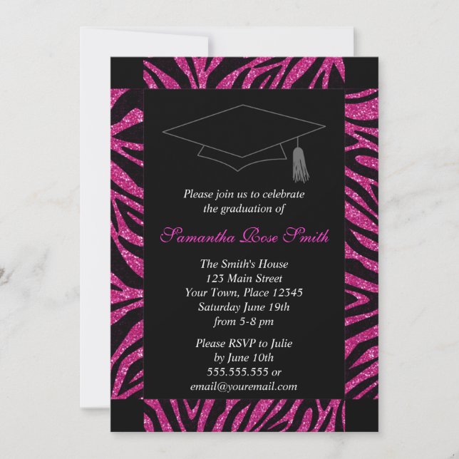 Black and Hot Pink Zebra Print Photo Graduation Invitation (Front)