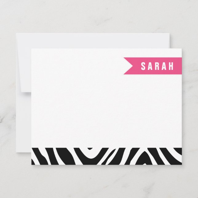 Black and Hot Pink Zebra Stripes Flat Note Cards (Front)
