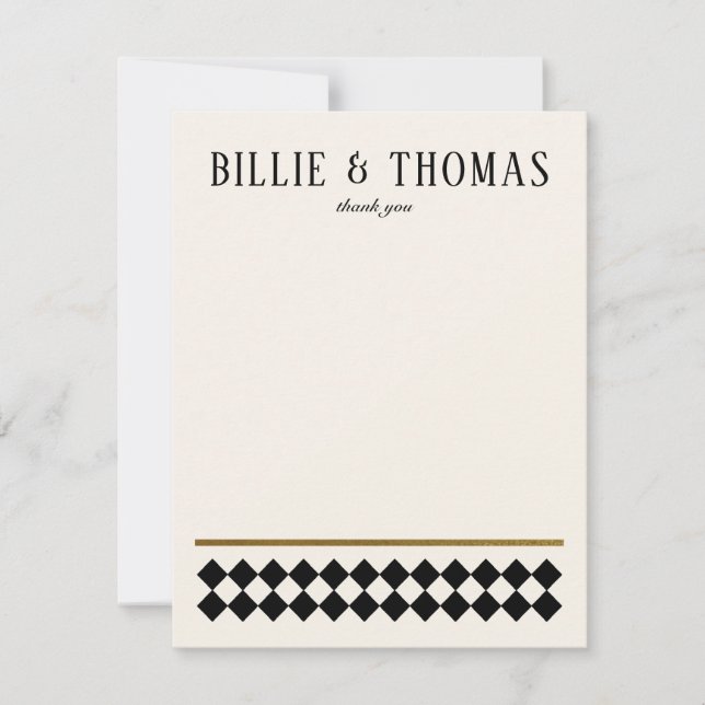 Black and Ivory Chequerboard Art Deco Wedding Thank You Card (Front)
