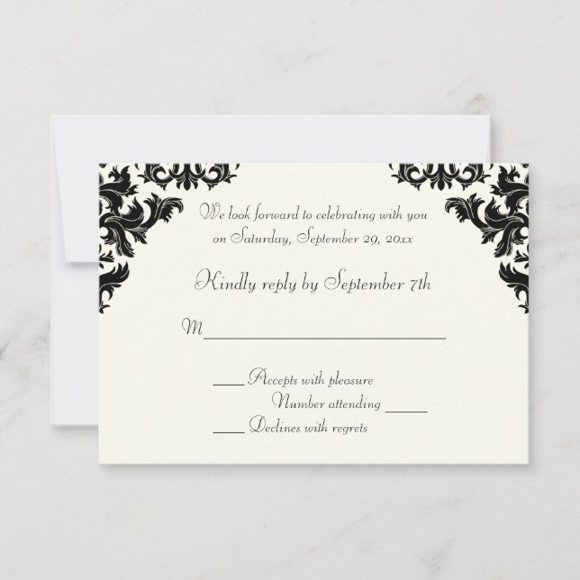 Black and Ivory Damask RSVP Card (Front)