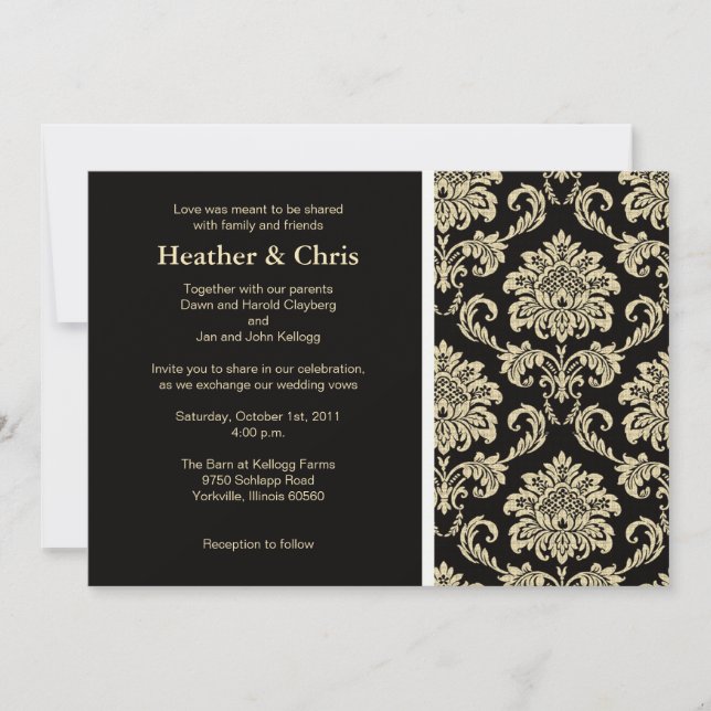 Black and Ivory Damask Wedding Invitation (Front)