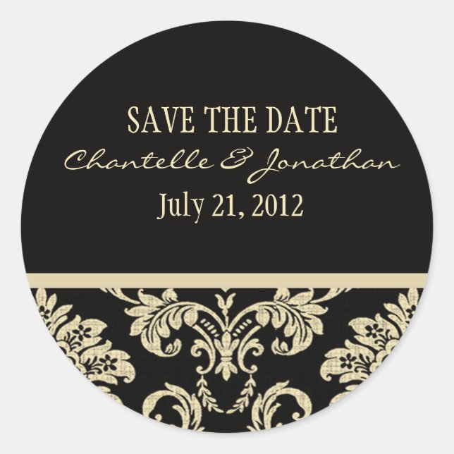 Black and Ivory Damask Wedding Sticker (Front)