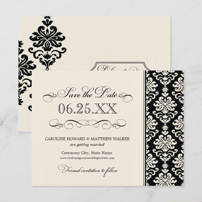 Black and Ivory Elegant Damask Save the Date Announcement Postcard (Front/Back)