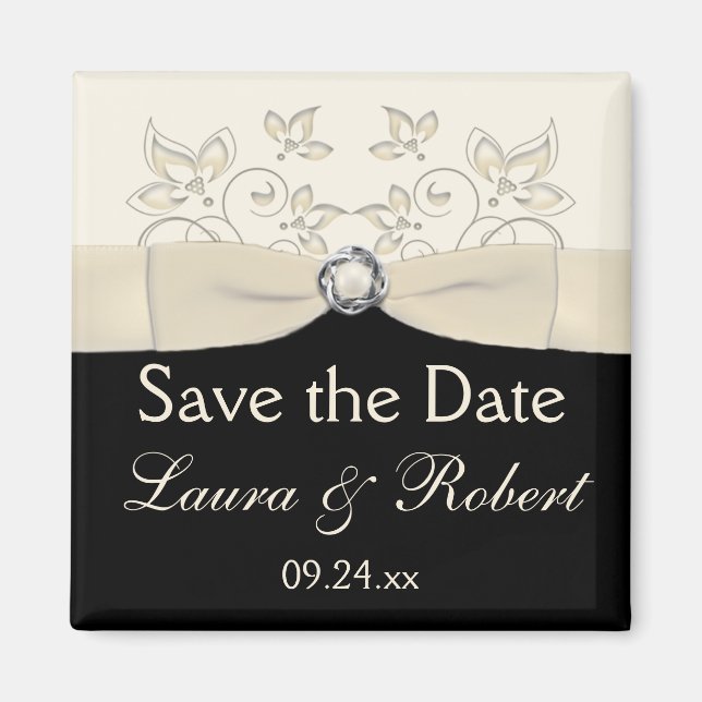 Black and Ivory Floral Save the Date Magnet (Front)