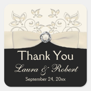 Black and Ivory Floral Thank You Sticker