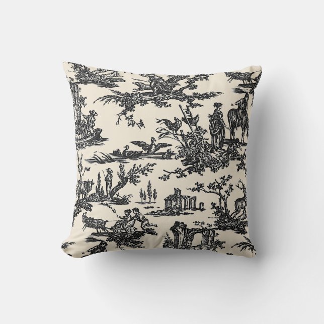 Black and Ivory French Toile Pattern Throw Pillow (Front)
