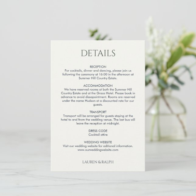 Black and Ivory Monogrammed Wedding Details  Enclosure Card (Standing Front)
