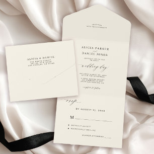 Black and ivory simple elegant minimalist wedding all in one invitation