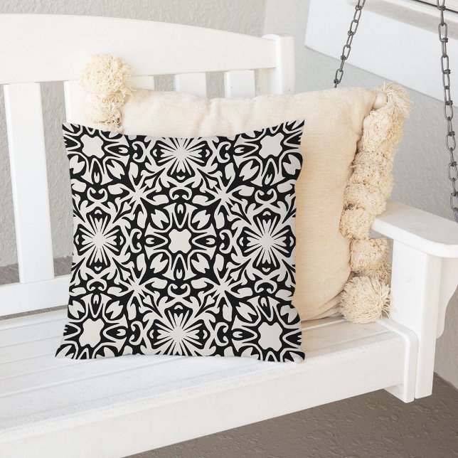 Black and Ivory Spanish Tile Pattern Throw Pillow (Creator Uploaded)