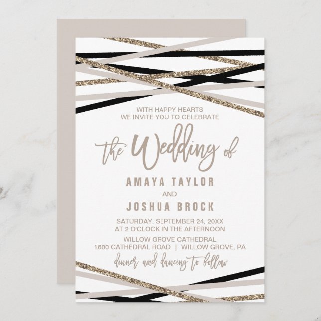 Black and Ivory Streamers The Wedding Of Invitation (Front/Back)